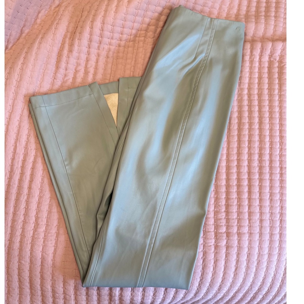 Free People We The Free Real Deal Slit Faux Leather High Rise Flare Pants Green - Picture 3 of 10